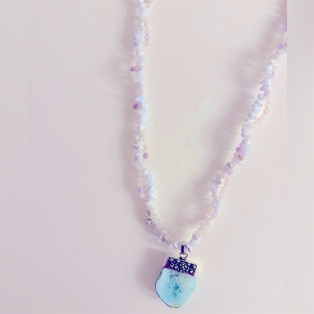 Vintage Necklace Blue Lace Agate, Amethyst, Quartz 2 looped strands Solar quartz